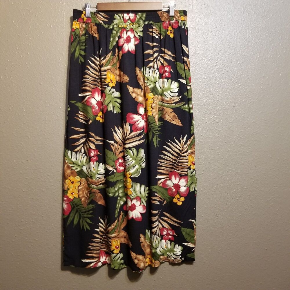 Globe Trotter 2X Skirt Midi Rayon Pull On Dark Floral Tropical Vintage 90s